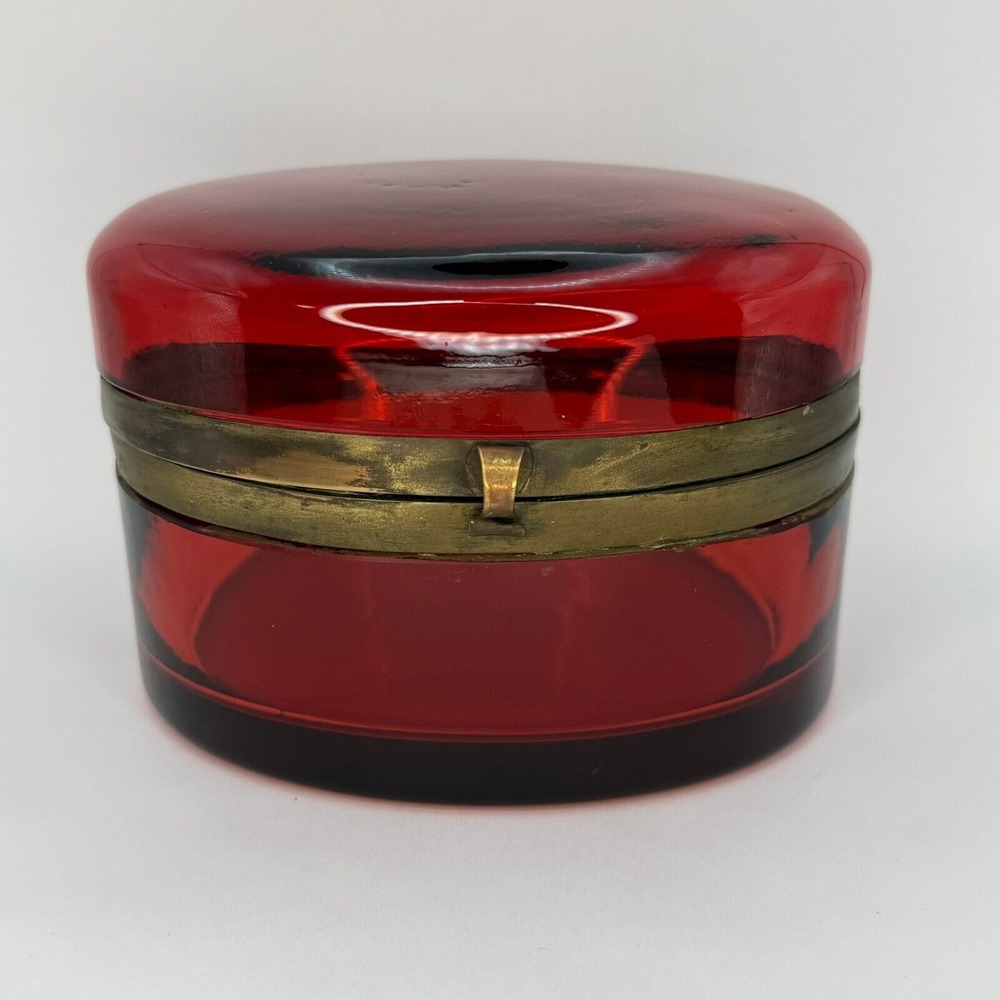 Antique Red Cranberry Crystal Hinged Casket Box Bohemian French Brass Oval Rare